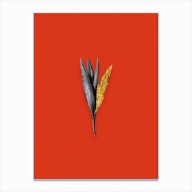 Vintage Autumn Crocus Black and White Gold Leaf Floral Art on Tomato Red Canvas Print