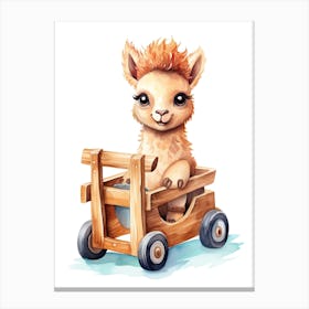 Baby Llama On A Toy Car, Watercolour Nursery 0 Canvas Print