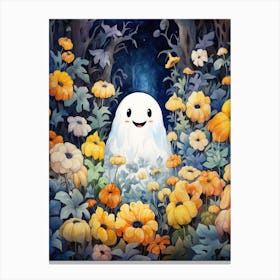 Cute Bedsheet Ghost, Botanical Halloween Watercolour 90 Canvas Print