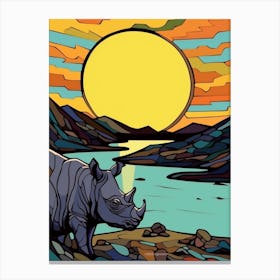Simple Line Illustration Rhino By The River 2 Canvas Print