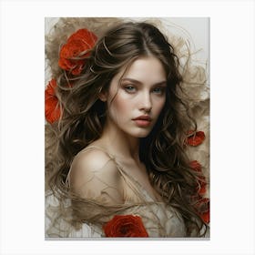 Portrait Of A Woman With Red Roses Canvas Print