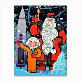 Vintage Soviet New Year Greeting, Little Astronaut And A Santa Claus Canvas Print