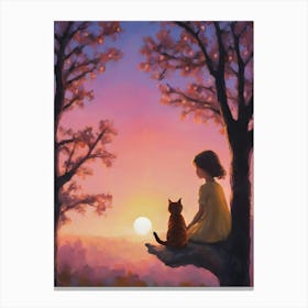 It's Just You and Me - Little Girl and Orange Cat Sat in a Tree Watching the Sunset Canvas Print