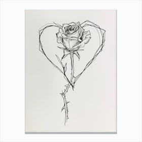 English Rose In A Heart Line Drawing 4 Canvas Print