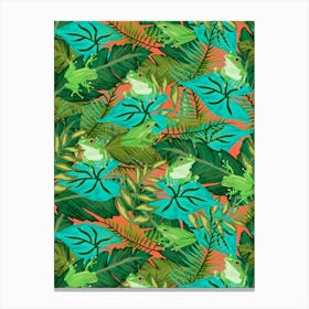 Hiding Tropical Tree Frogs in Green Foliage on Coral Orange Canvas Print