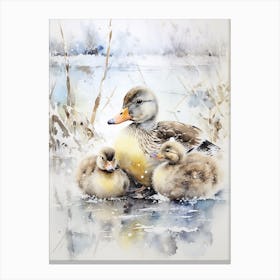 Snowy Duck Winter Painting Mixed Media 3 Canvas Print