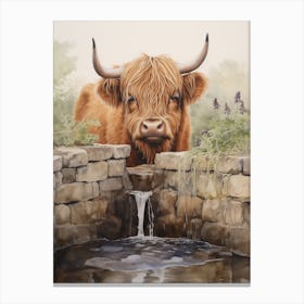 Highland Cow Drinking From Brickwork Trough 2 Canvas Print