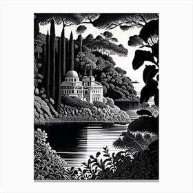 Isola Bella, Italy Linocut Black And White Vintage Canvas Print