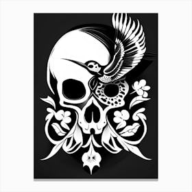 Skull With Bird Motifs Black And White Pop Art Canvas Print
