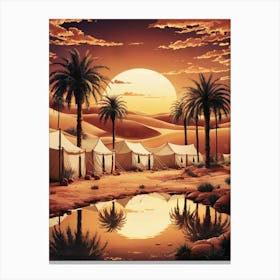 Lofi Anime Art: Desert campsite with palm trees and glowing tents reflected in a sunset-lit pool. Perfect for serene and adventurous vibes. Canvas Print