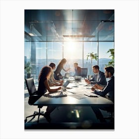 Conference Room Filled With Four Youthful Adults Two Women Two Men Engrossed In Team Strategy Do (1) Canvas Print