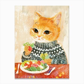 Brown Cat Eating Salad Folk Illustration 4 Canvas Print