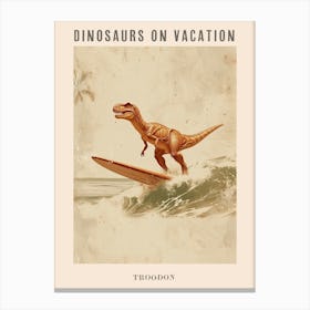 Vintage Troodon Dinosaur On A Surf Board 3 Poster Canvas Print