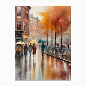 Amsterdam cafes, autumn season, rain, autumn oil colours.Faded colours,People passing on the street, winter clothes, rain umbrellas.6 1 Lienzo