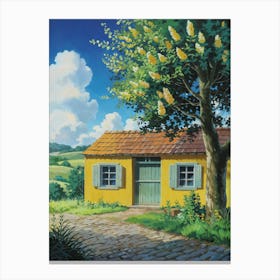 Anime Canvas Art: Cozy Yellow House with Flowering Tree, Orange Branches, and Blue Sky, Perfect for Lofi Aesthetic and Tranquil Nature Lovers. 1 Canvas Print