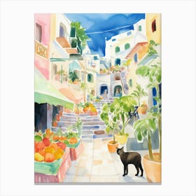 Food Market With Cats In Santorini 4 Watercolour Canvas Print