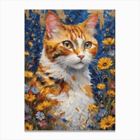 Klimt Style Ginger Tuxedo Orange Calico Tabby Cat in Colorful Garden Flowers Meadow Gold Leaf Painting - Gustav Klimt and Monet Inspired Textured Acrylic Palette Knife Art Daisies Poppies Amongst Wildflowers at Night Beautiful HD High Resolution Canvas Print