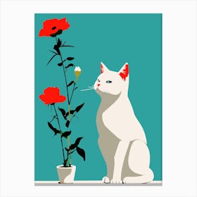 White Cat With Red Roses Canvas Print