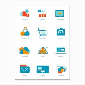 A Collage Of Flat Design Icons Representing Web Browsing E Commerce Transactions Digital Storefron (5) Canvas Print