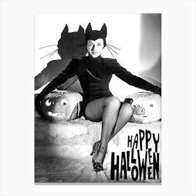 Beautiful Cat Woman Posing With Two Pumpkins Canvas Print