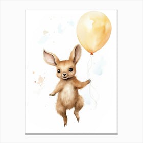 Baby Kangaroo Flying With Ballons, Watercolour Nursery Art 2 Canvas Print