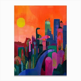 Colourful Dinosaur Cityscape Painting 6 Canvas Print