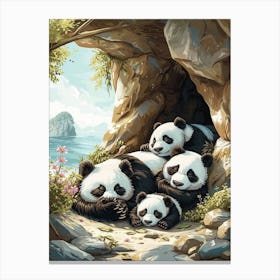 Giant Panda Family Sleeping In A Cave Storybook Illustration 3 Canvas Print