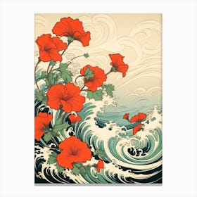 Great Wave With Morning Glory Flower Drawing In The Style Of Ukiyo E 3 Canvas Print