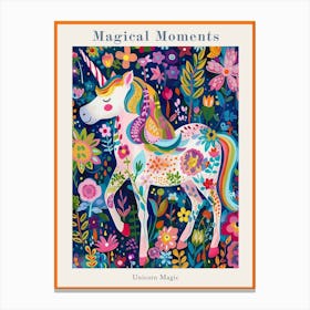 Folky Floral Colourful Unicorn Portrait Poster Canvas Print