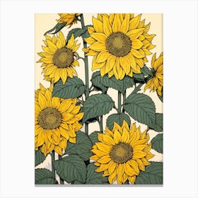 Himawari Sunflower Vintage Botanical Woodblock Canvas Print