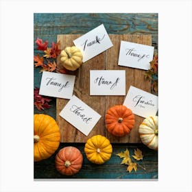 Assortment Of Wooden Thanksgiving Cards Arranged On A Rustic Wooden Table Backs Turned Towards The Canvas Print