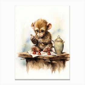 Monkey Painting Playing Chess Watercolour 2 Canvas Print