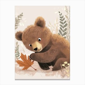 Brown Bear Cub Playing With A Fallen Leaf Storybook Illustration 1 Canvas Print