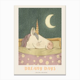 Pastel Storybook Style Unicorn Sleeping In A Duvet With The Moon 3 Poster Canvas Print