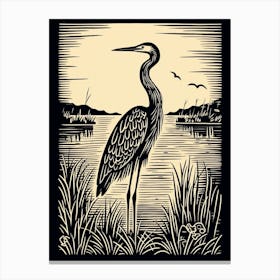 B&W Bird Linocut Great Blue Heron 4 Canvas Print