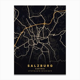 Salzburg Austria Black And Gold Map Canvas Print