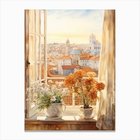 Window View Of Lisbon Portugal In Autumn Fall, Watercolour 4 Canvas Print