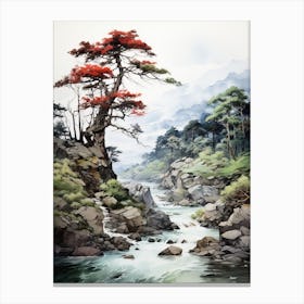 Iya Valley In Tokushima, Japanese Brush Painting, Ukiyo E, Minimal 3 Canvas Print