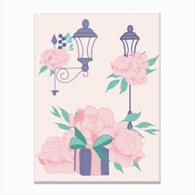 Street Lamps And Peonies Canvas Print