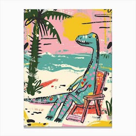 Dinosaur Relaxing On The Beach Pink Blue Pastel Canvas Print