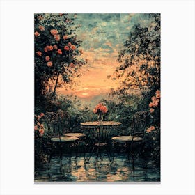 Romantic Vintage Garden With Wrought Iron Furniture – Sunset Floral Art Print Canvas Print