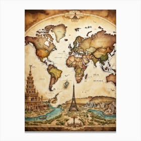 A World Map Visualizing An International Journey Pinpointing Iconic Historical Landmarks Across Var Canvas Print