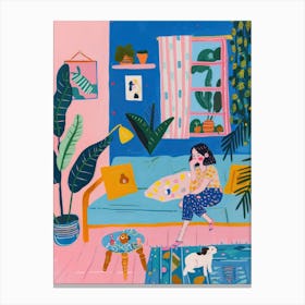 Girl In The Sofa With Pets Tv Lo Fi Kawaii Illustration 3 Canvas Print
