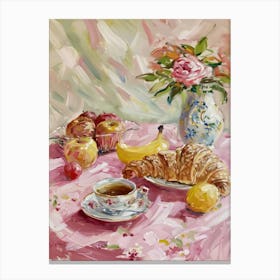Pink Breakfast Food Bread, Croissants And Fruits 1 Canvas Print