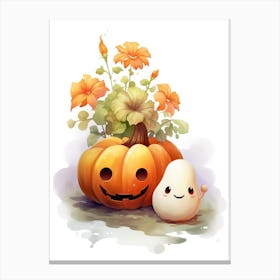 Cute Ghost With Pumpkins Halloween Watercolour 58 Canvas Print