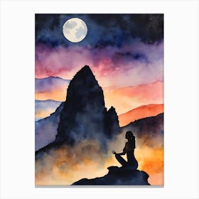 Meditating Woman In The Mountains - Full Moon Contemplating Serenity Calm Yoga Meditating Spiritual Grounding Heart Open Buddhist Indian Travel Guidance Wisdom Peace Love Witchy Beautiful Watercolor Woman Trees Blue Silhouette Canvas Print