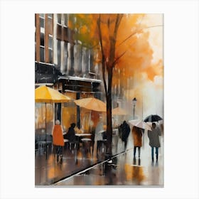 Amsterdam cafes, autumn season, rain, autumn oil colours.Faded colours,People passing on the street, winter clothes, rain umbrellas.9 2 Canvas Print