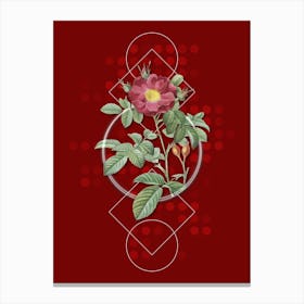 Vintage Red Portland Rose Botanical with Geometric Line Motif and Dot Pattern n.0339 Canvas Print