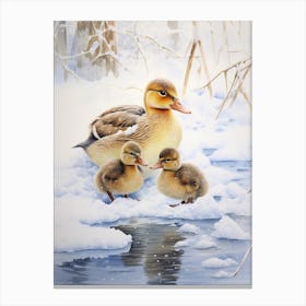 Ducklings & Mother In The Snow Watercolour  2 Canvas Print