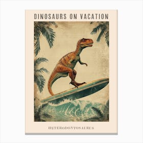 Vintage Heterodontosaurus Dinosaur On A Surf Board 2 Poster Canvas Print